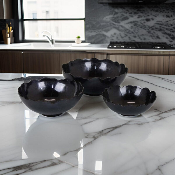Bonz Set of 3 Bowls, Unique Top Shape, Round Base, Black Metal Finish