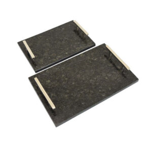 Entro Tray Set of 2, Rectangular Shape, 2 Gold Handles, Black Finish Marble