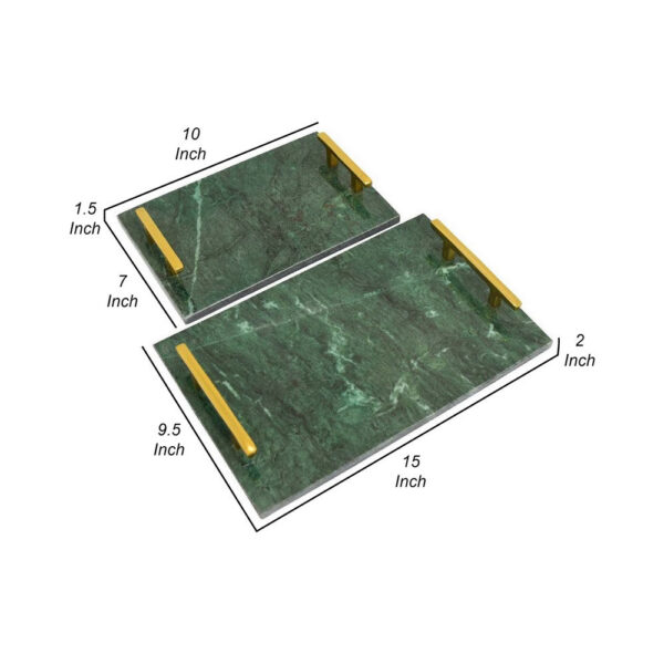 Entro Tray Set of 2, Rectangular Shape, 2 Gold Handles, Green Finish Marble