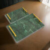 Entro Tray Set of 2, Rectangular Shape, 2 Gold Handles, Green Finish Marble