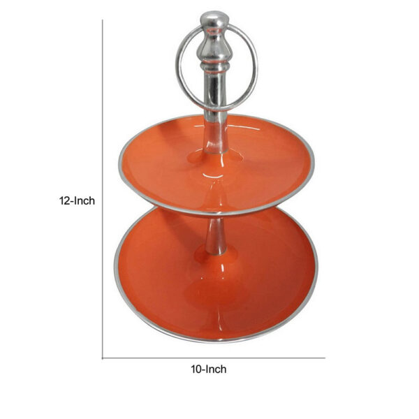 Lio 12 Inch 2 Tier Serving Tray, Orange Round Plate, Silver Aluminum Finish