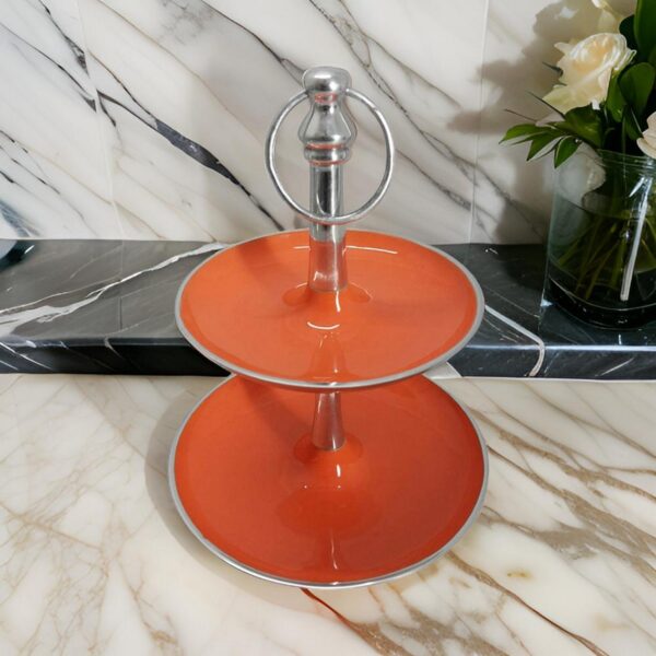Lio 12 Inch 2 Tier Serving Tray, Orange Round Plate, Silver Aluminum Finish