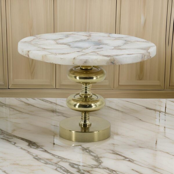 Avi 14 Inch Cake Stand, Agate Round Top, Classic Gold Aluminum Pedestal