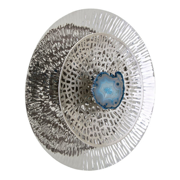 Set of 3 Decorative Wall Art Discs, Textured, Silver Steel, Blue Agate
