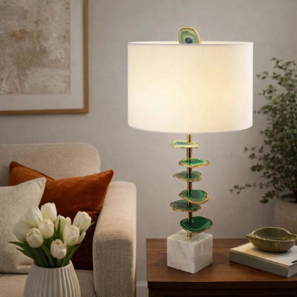 Parks 30 Inch Table Lamp With Agate Slices and Linen Drum Shade, White
