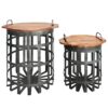 Industrial Grid Galvanized Accent Side End Table with Round Lid and Handles, Set of 2, Gray and Brown