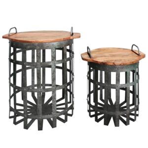 Industrial Grid Galvanized Accent Side End Table with Round Lid and Handles, Set of 2, Gray and Brown