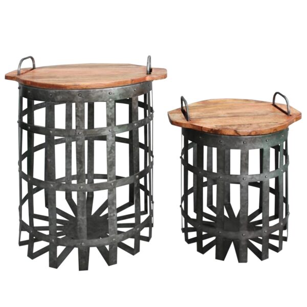 Industrial Grid Galvanized Accent Side End Table with Round Lid and Handles, Set of 2, Gray and Brown