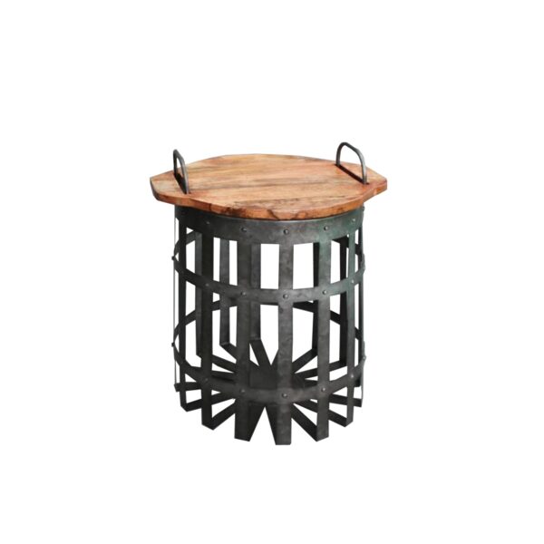 Industrial Grid Galvanized Accent Side End Table with Round Lid and Handles, Set of 2, Gray and Brown