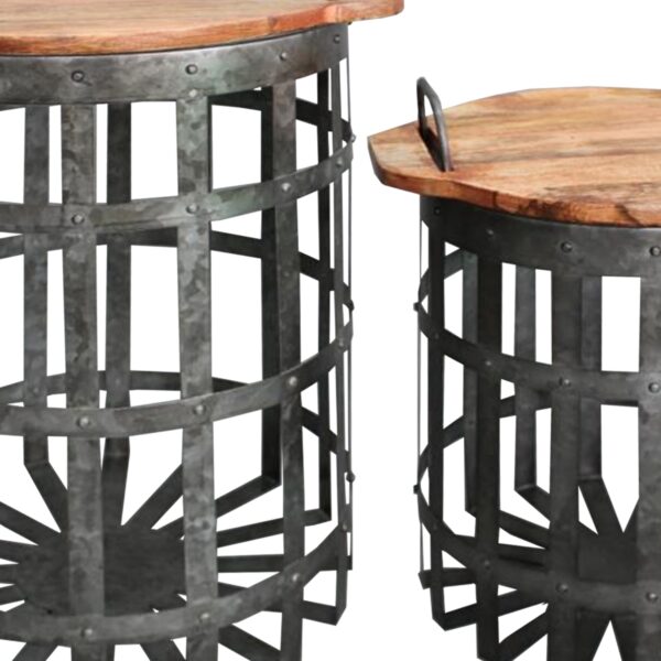 Industrial Grid Galvanized Accent Side End Table with Round Lid and Handles, Set of 2, Gray and Brown