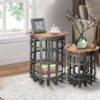 Industrial Grid Galvanized Accent Side End Table with Round Lid and Handles, Set of 2, Gray and Brown