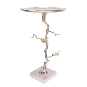 28 Inch Accent Table, Artful Branch Like Frame, Gold Bird Accents, Silver
