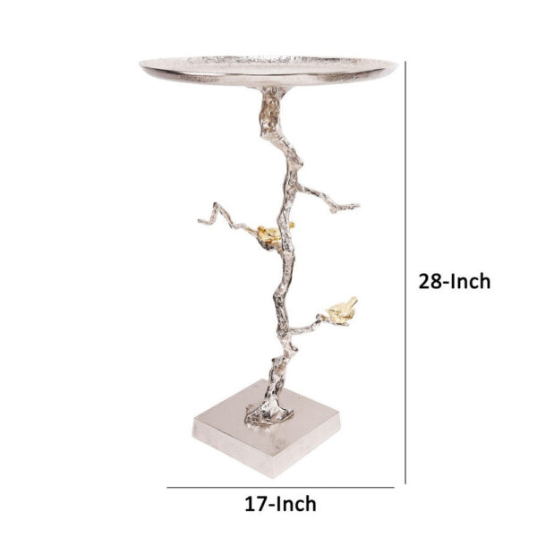 28 Inch Accent Table, Artful Branch Like Frame, Gold Bird Accents, Silver