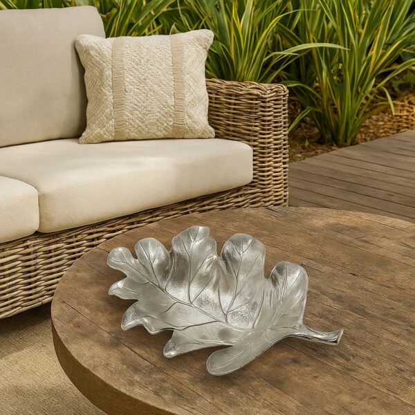 22 Inch Modern Decorative Tray, Oak Leaf Design Striking Silver Metal Frame
