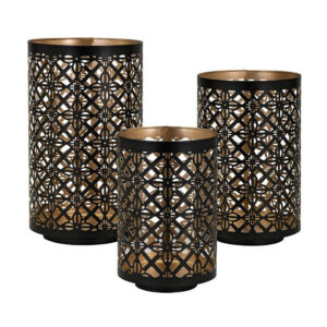 Set of 3 Lantern Candle Holders, Moroccan Lattice, Gold, Black Metal Frames
