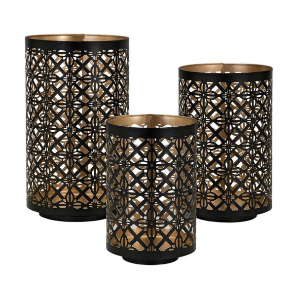 Set of 3 Lantern Candle Holders, Moroccan Lattice, Gold, Black Metal Frames