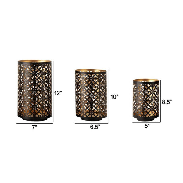Set of 3 Lantern Candle Holders, Moroccan Lattice, Gold, Black Metal Frames