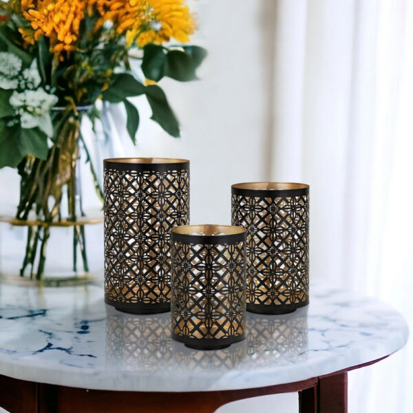 Set of 3 Lantern Candle Holders, Moroccan Lattice, Gold, Black Metal Frames