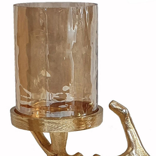 16 Inch 3 Pillar Candle Holder, Aluminum, Accented Frosted Glass, Gold
