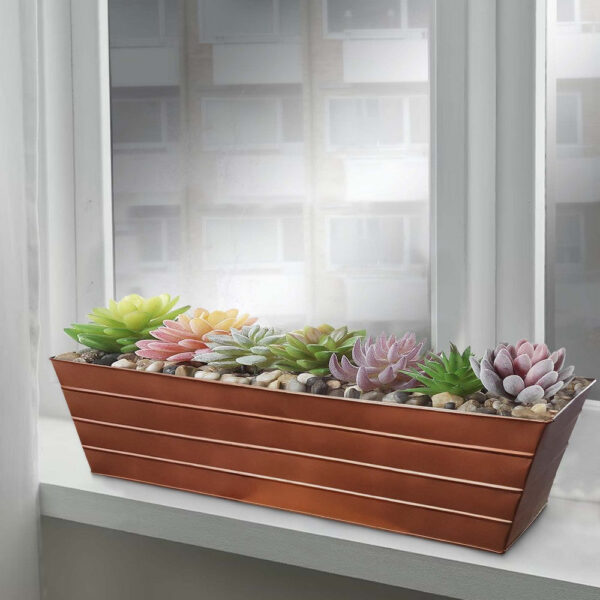 Rectangular Metal Flower Planter Box with Embossed Line Design, Large, Copper