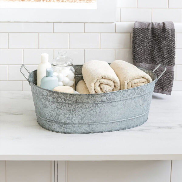 Thea Embossed Design Oval Shape Galvanized Steel Tub with Side Handles, Large, Silver