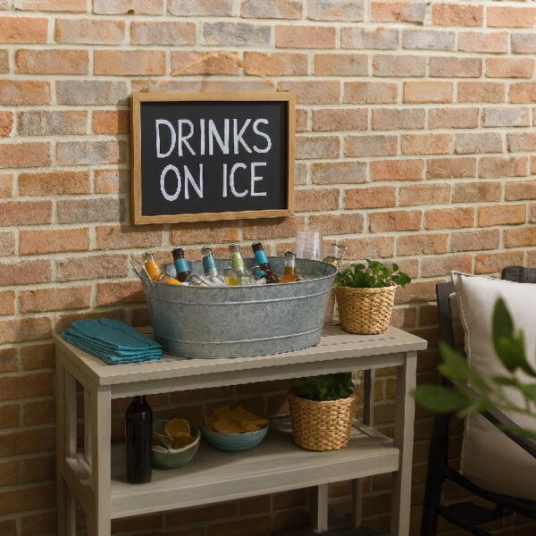 Thea Embossed Design Oval Shape Galvanized Steel Tub with Side Handles, Large, Silver