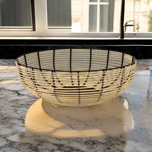 14 Inch Decorative Bowl, Accent Wired Woven Basket, Black, Natural Brown
