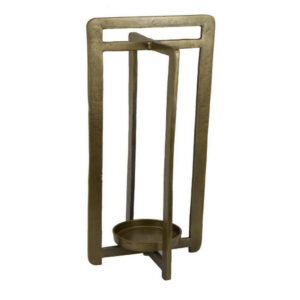 Eya 25 Inch Modern Tabletop Candle Lantern with Round Plate, Gold Metal