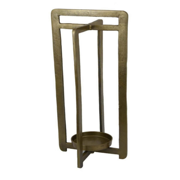 Eya 25 Inch Modern Tabletop Candle Lantern with Round Plate, Gold Metal