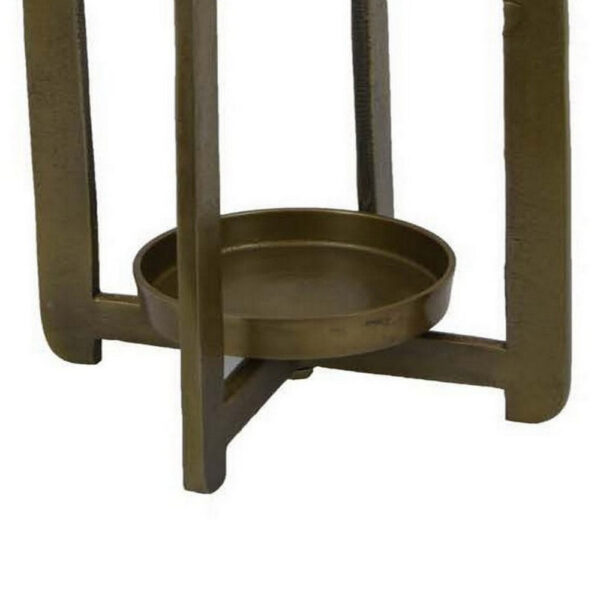 Eya 25 Inch Modern Tabletop Candle Lantern with Round Plate, Gold Metal