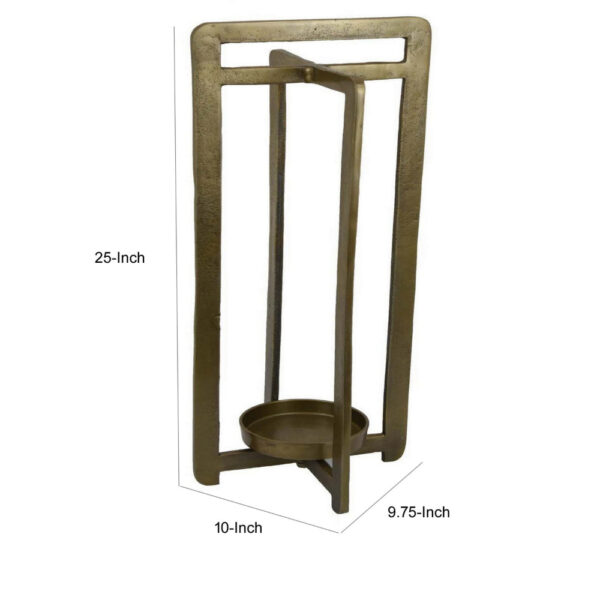 Eya 25 Inch Modern Tabletop Candle Lantern with Round Plate, Gold Metal