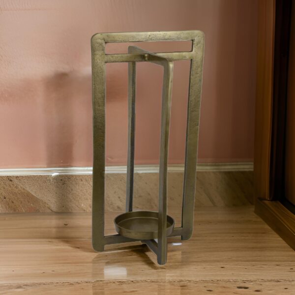 Eya 25 Inch Modern Tabletop Candle Lantern with Round Plate, Gold Metal