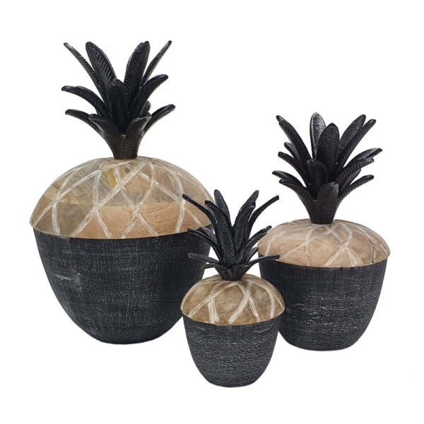 14, 12, 11 Inch Lidded Jar, Pineapple Design, Gray Mango Wood, Set of 3