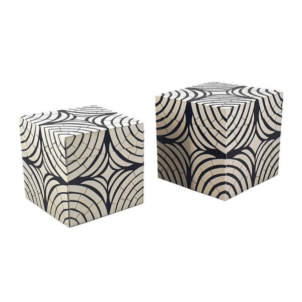 8, 7 Inch Storage Box Set of 2, Wood Frame, Black and White Trellis