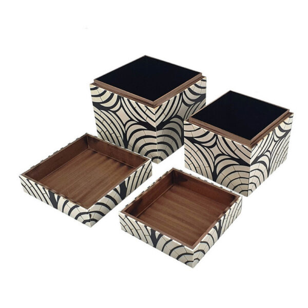8, 7 Inch Storage Box Set of 2, Wood Frame, Black and White Trellis