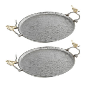 21 Inch Decorative Tray Set of 2, Perched Birds Silver Metal, Large