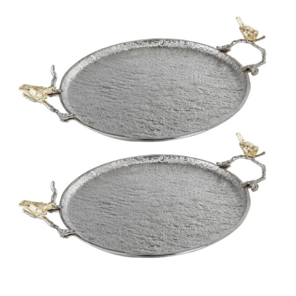 21 Inch Decorative Tray Set of 2, Perched Birds Silver Metal, Large