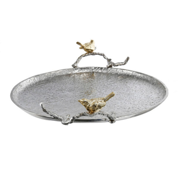 21 Inch Decorative Tray Set of 2, Perched Birds Silver Metal, Large