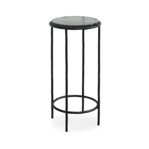 Hex Accent Table, 12 Inch Round Recycled Glass Top, Black Iron Frame