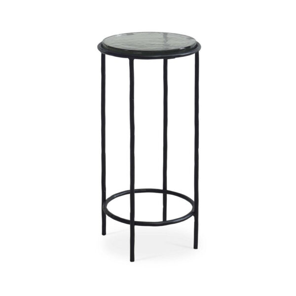 Hex Accent Table, 12 Inch Round Recycled Glass Top, Black Iron Frame