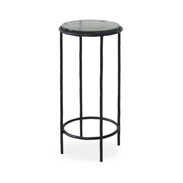 Hex Accent Table, 12 Inch Round Recycled Glass Top, Black Iron Frame