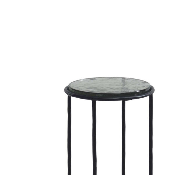 Hex Accent Table, 12 Inch Round Recycled Glass Top, Black Iron Frame