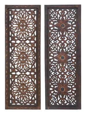 Benzara Floral Hand Carved Wooden Wall Panels, Assortment of Two, Brown