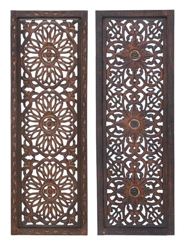 Benzara Floral Hand Carved Wooden Wall Panels, Assortment of Two, Brown