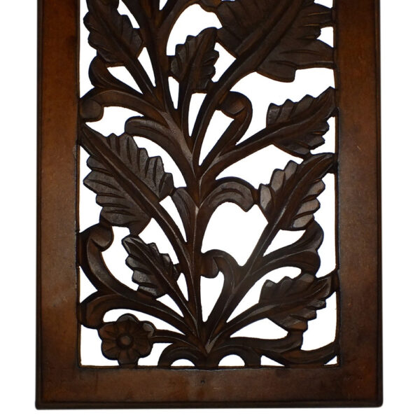 Mango Wood Wall Panel Hand Crafted with Leaves and Scroll Work Motif, Brown