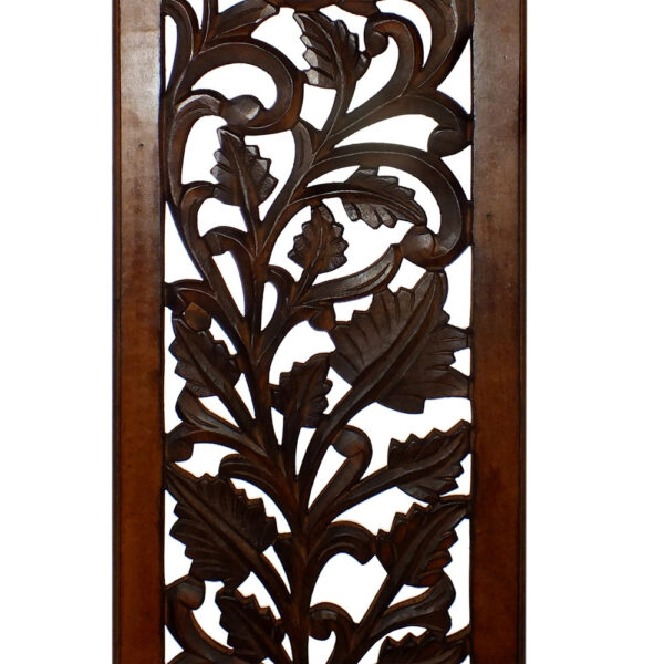 Mango Wood Wall Panel Hand Crafted with Leaves and Scroll Work Motif, Brown