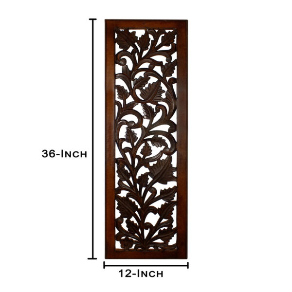 Mango Wood Wall Panel Hand Crafted with Leaves and Scroll Work Motif, Brown
