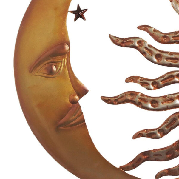 21 Inch Handcrafted Sun and Moon Accent Wall Decor, Round Metal Wall Mount, Rustic Gold, Bronze
