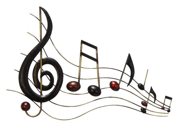 26 Inch Handmade Metal Wall Mount Accent Decor with Musical Notes and Treble Clef, Black, Red