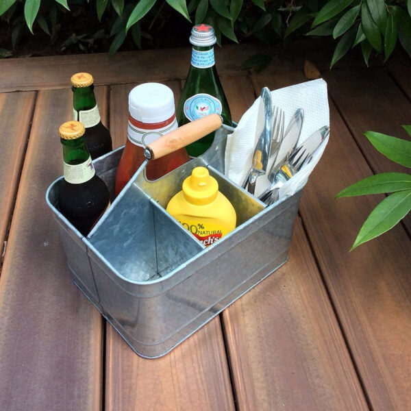 Metal Caddy Serveware with Mango Wood Handle, Rustic Galvanized Gray